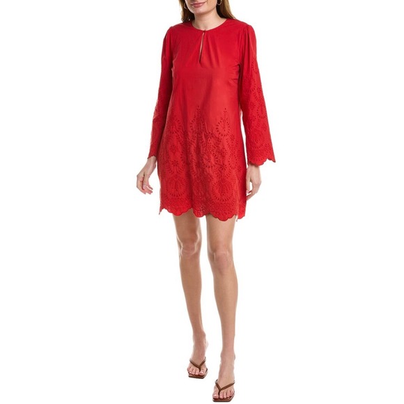 Johnny Was Women's Red Sylvia Scalloped Eyelet Mini Shift Dress Size S - Picture 2 of 15